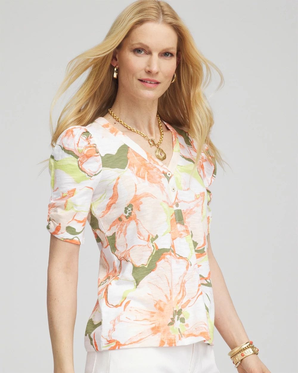 ATLA414 ギンガムチェッククロスフレアスリーブTEE Floral Henley Shirred-Sleeve Tee | Chico's